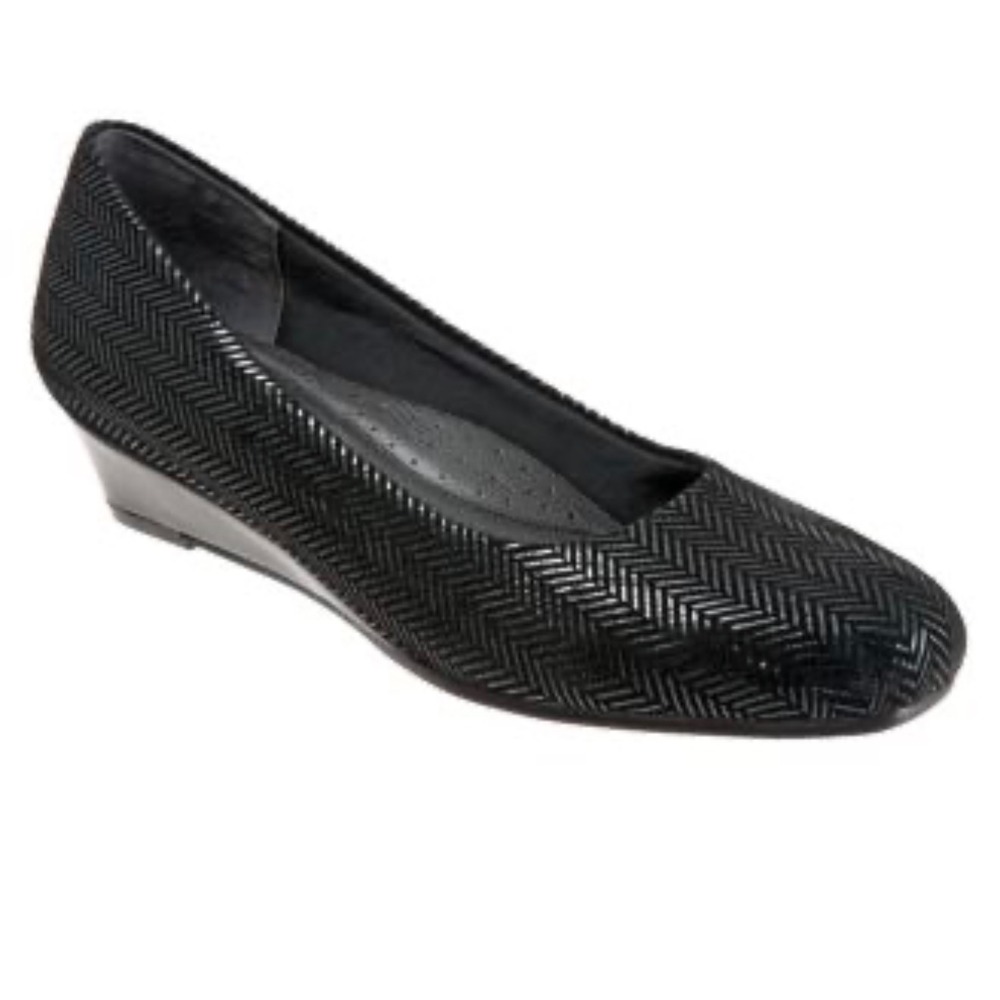 Trotters Lauren Wedge Flat Womens 8.5M Black Leather Herringbone